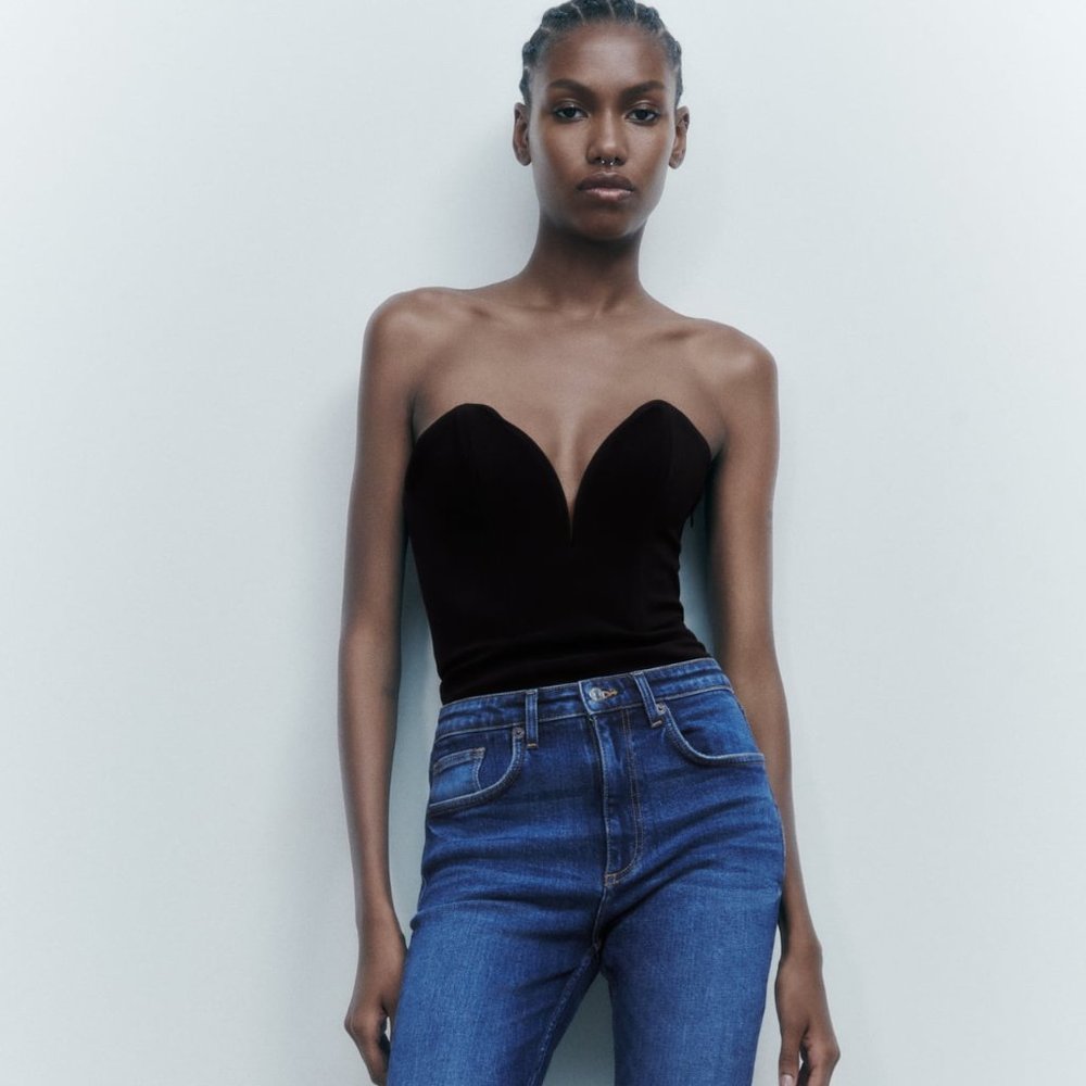 ZARA SWEETHEART NECKLINE BODYSUIT Size M BLACK 3067/109 NWT
